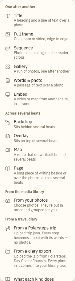 The Add beat menu, which lists every kind of beat with a line about each.