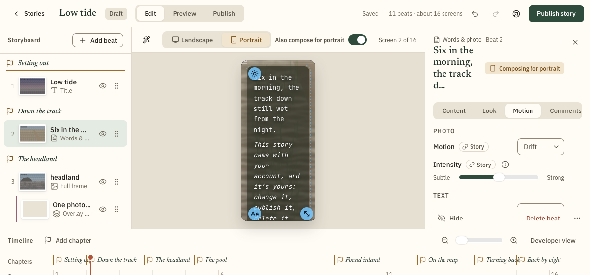 The editor composing for portrait: the preview is a tall phone shape, and the beat's panel says Composing for portrait.