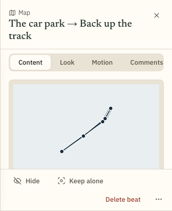 A Map beat's Content tab: the plan with its route, and the list of stops.