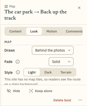 A Map beat's Look tab, with Draws, Fade and Style.