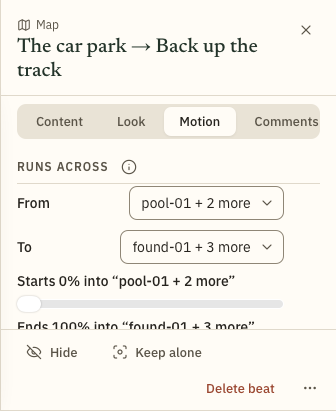 A Map beat's Motion tab: the beats it runs across, and the camera.