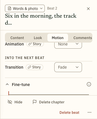 The Fine-tune section of a beat's Motion tab, with the keyframe strip and fields.
