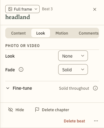 A beat's Look tab, with the photo's look and fade.