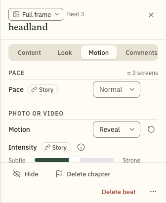 A beat's Motion tab, with pace, motion, intensity and the transition into the next beat.