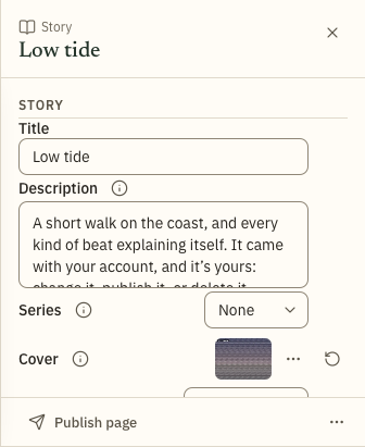 The story panel, with the title, description, theme, reading settings and defaults for every beat.
