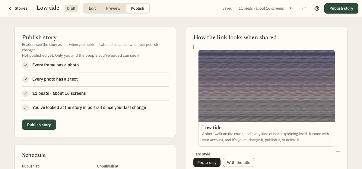 The Publish mode: what to check first, the Publish changes button, and the schedule.